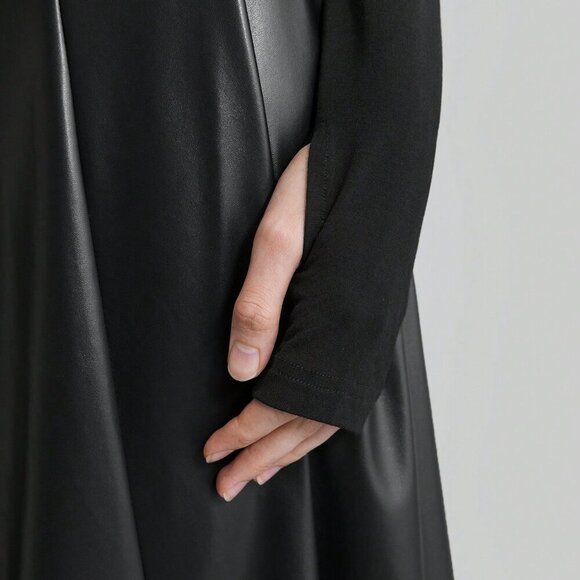 Black Elegant Women's solid upper with Faux Leather bottom Maxi Party Dress - Picture 6 of 8